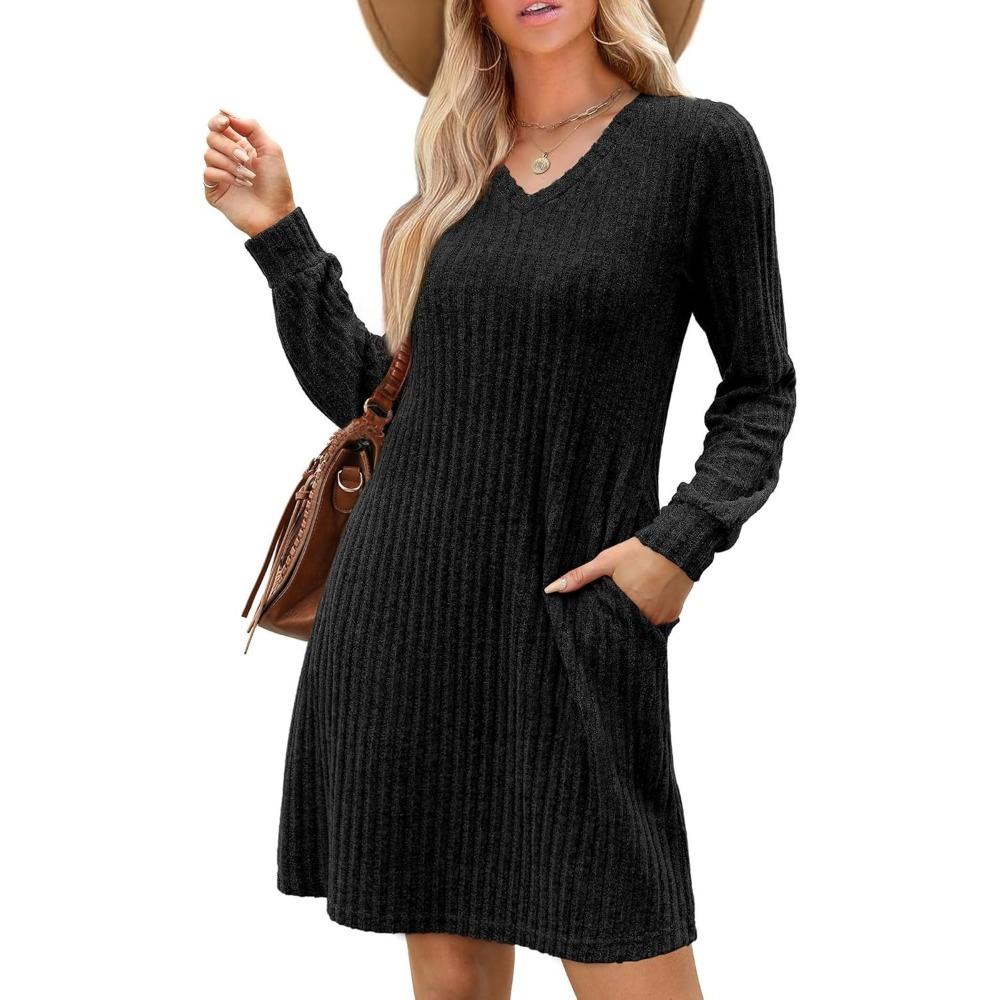 HNXC Women's Fashion Autumn Winter Solid Color Print Long Sleeve V-Neck  Casual Dresses