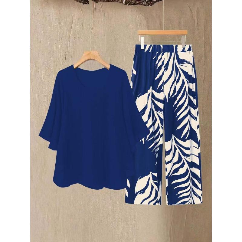 Damen Sommer Chiffon Kurzarm Zweiteiler Set in Übergröße – Elegantes Lockeres Oberteil und Hosen Outfit
