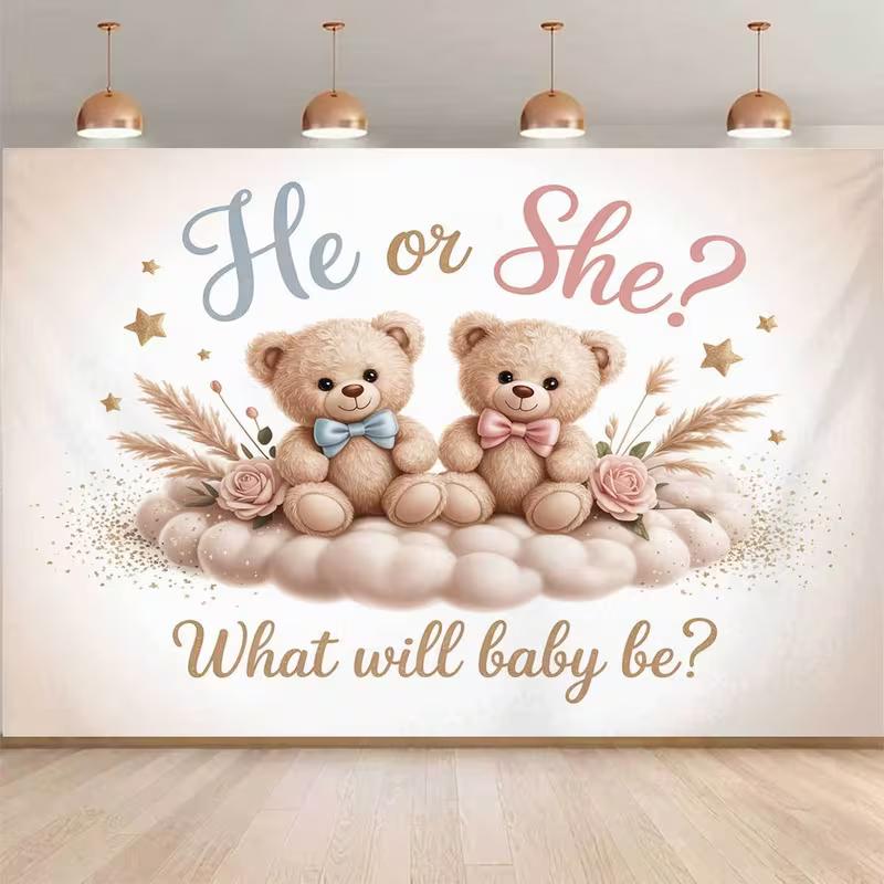 Blue/Pink Teddy Bear Backdrop with Pampas Grass for Gender Reveal Party