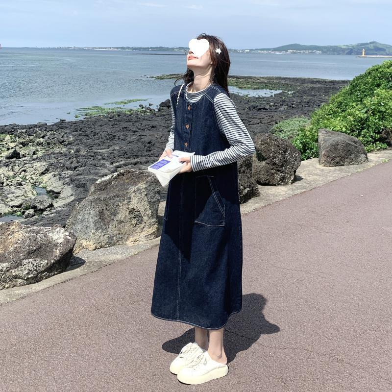 Damen 2025 Herbst Retro Denim Weste & Gestreiftes Top Kleid Set