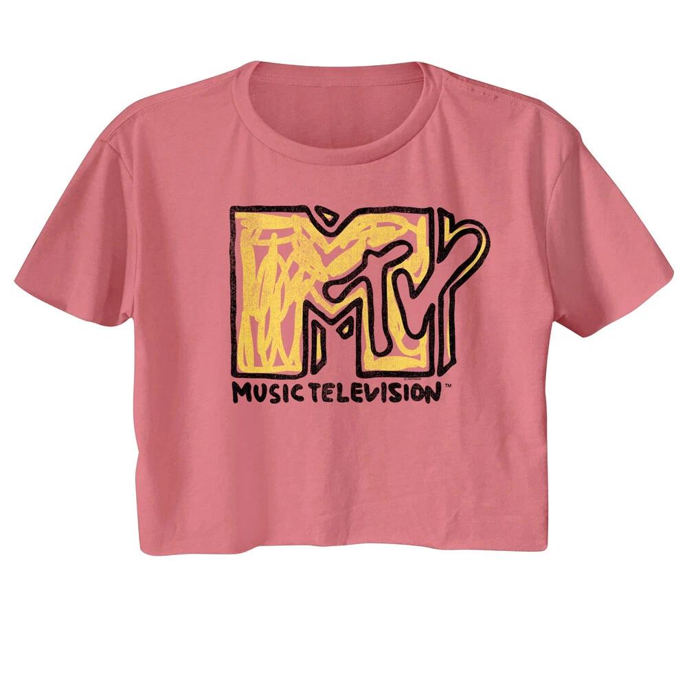 MTV 80 s Music Television Yellow Chalk Scribble Logo Women s Crop Top T Shirt S
