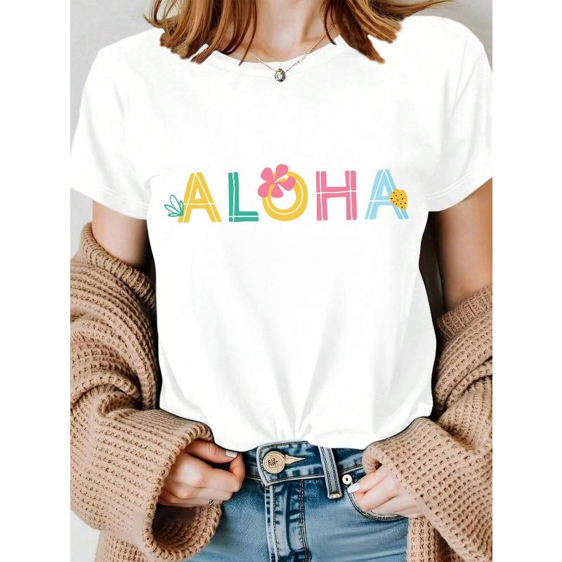 

Women s Casual Summer Wear Featuring a White T-Shirt Adorned with an Aloha Floral Design S белый