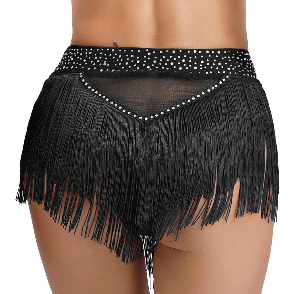 Rhinestone Tassel Belly Dance Shorts for Women Sheer Mesh High Elastic Briefs Underwear for Samba Stage Performance