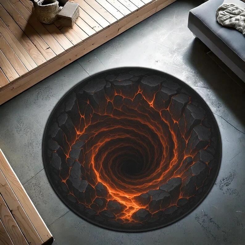 

Unique Round 3D Illusion Lava Flow Rug with Electric Lightning Pattern Black Volcanic Rock Edge Carpet Modern Living Room Rug 80cm x 80cm
