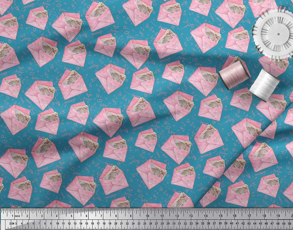 Soimoi Blue Japan Crepe Satin Fabric Text & Envelope Kids Decor Fabric Printed Metre 42 Inch