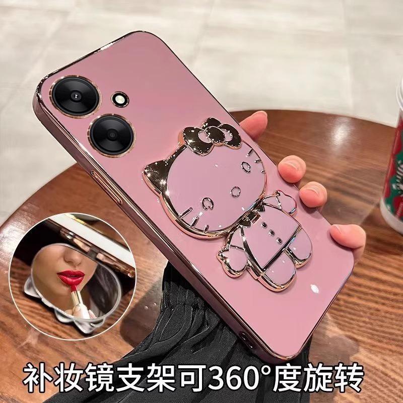 Redmi 11C Mobile Phone Case Electroplated KT Cat Bracket Makeup Mirror Redmi 11C Silicone Soft Case Protective Case