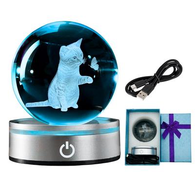 East Leaf Crystal Ball 3D Object Cat Birthday Anniversary Cute Present LED Light Included Battery USB Compatible 8cm