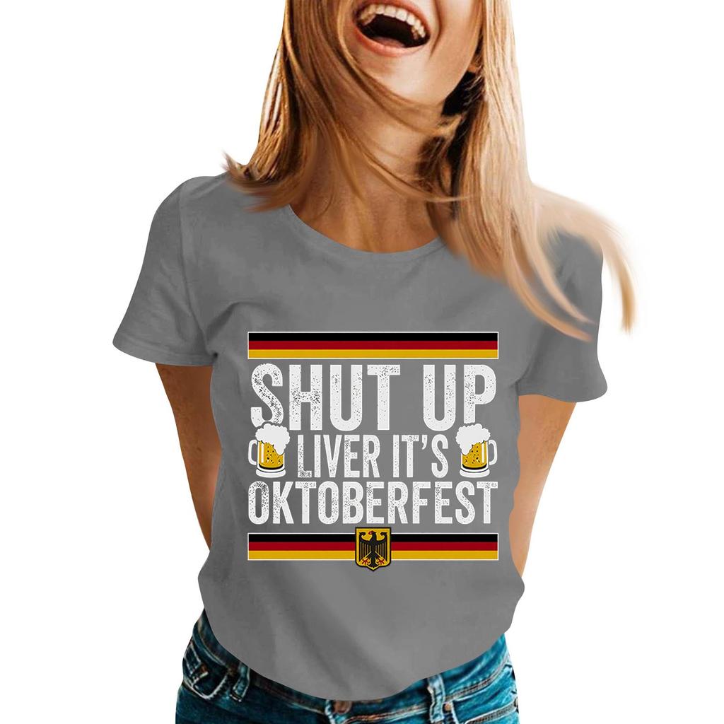 Unisex Casual Short Sleeve Pullover T Shirt with Letter Print Crew Neck Top Suitable for Oktoberfest and Everyday Wear