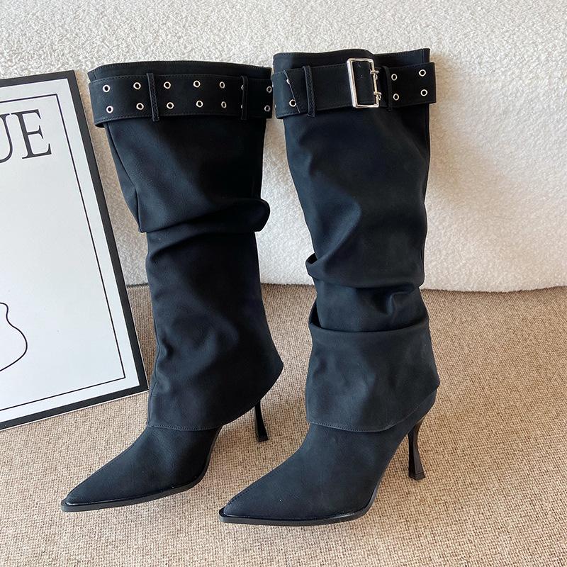 F868-3 Removable two-wear 2025 new autumn and winter high-heeled boots women's pointed thin heels thin boots belt buckle