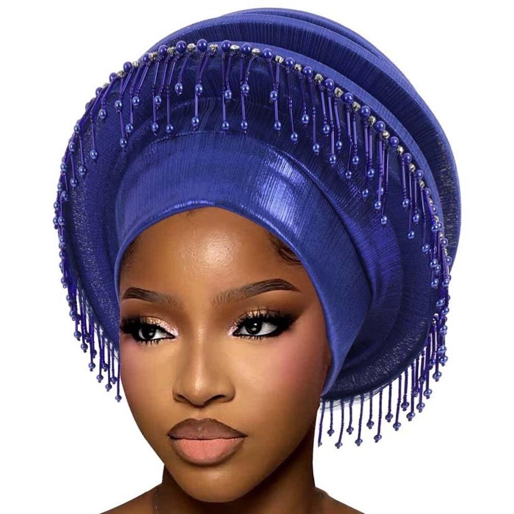 Pre-tied African Turban Layered Beaded Headtie Fringe Headwrap  African Bridesmaid синий