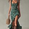 2026 idyllic summer new small floral printing slim-fitting and thin waist large skirt strap dress