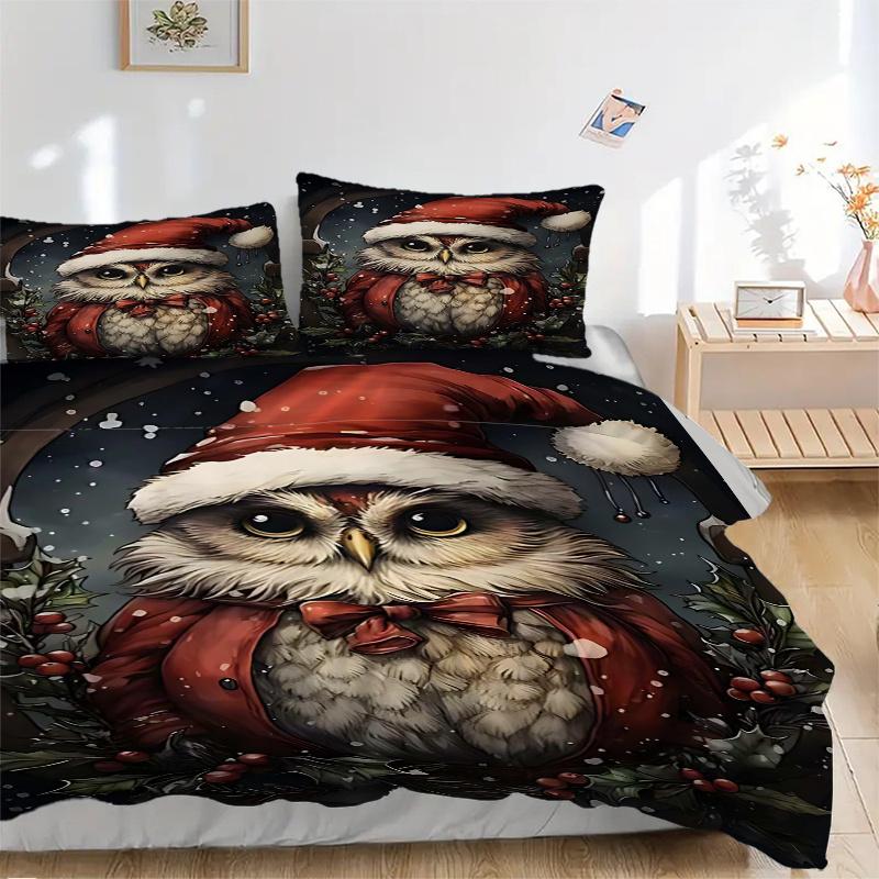 3-teiliges Weihnachts-Eulen-Bettwäsche-Set mit 1 Bettbezug & 2 Kissenbezügen (Kein Kern) - Festliches Geschenk für Schlafzimmerdekoration, Anime-Cartoon-Design, Polyesterstoff