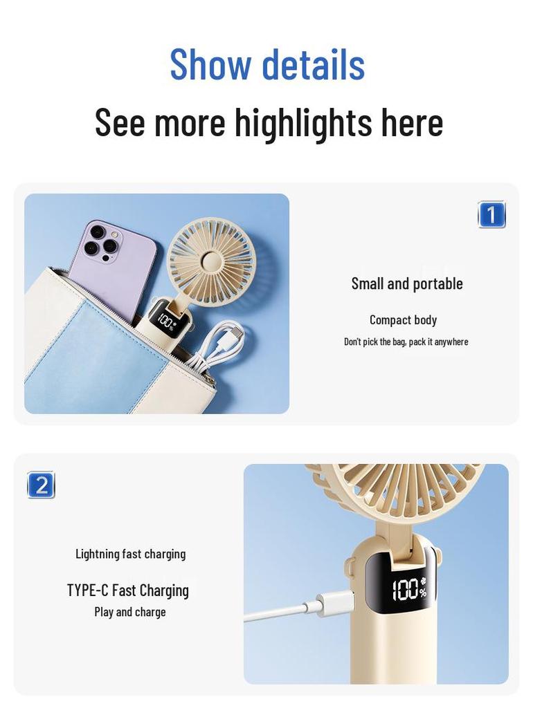Foldable Mini Fan with Digital Display for Desk, Dorm, or Outdoor Use