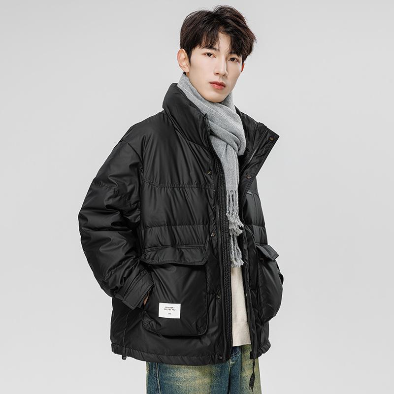 

New down jacket men s short stand-up collar trendy brand sports and leisure winter tooling multi-pocket warm white duck down coat M чёрный