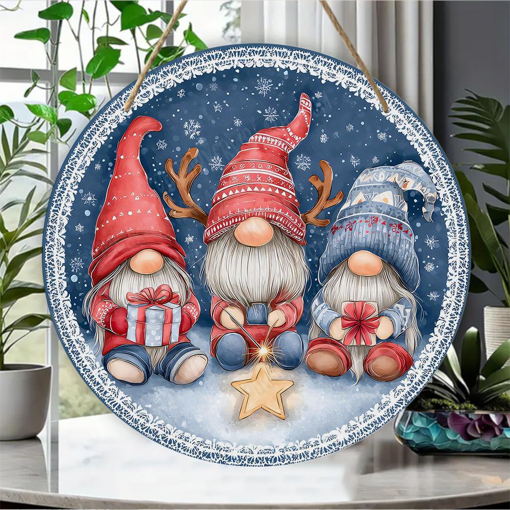 Festive Christmas gnomes pattern Round Wooden Hanging Plaque winter holiday wall art decor farmhouse indoor front door sign home ornament