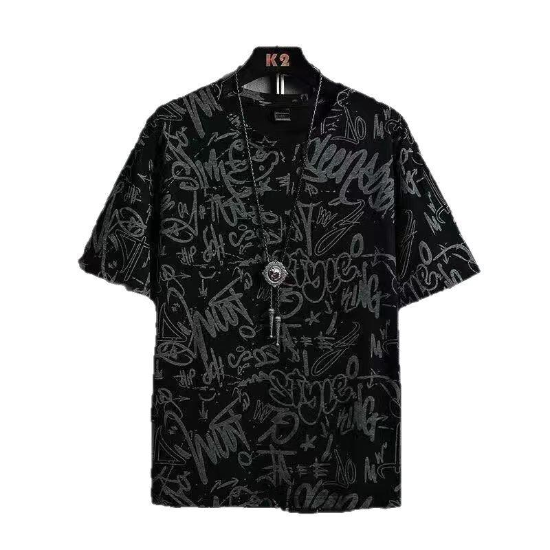Vankex Men's Trendy Creative Print Loose Round Neck Five-Point Sleeve T-Shirt
