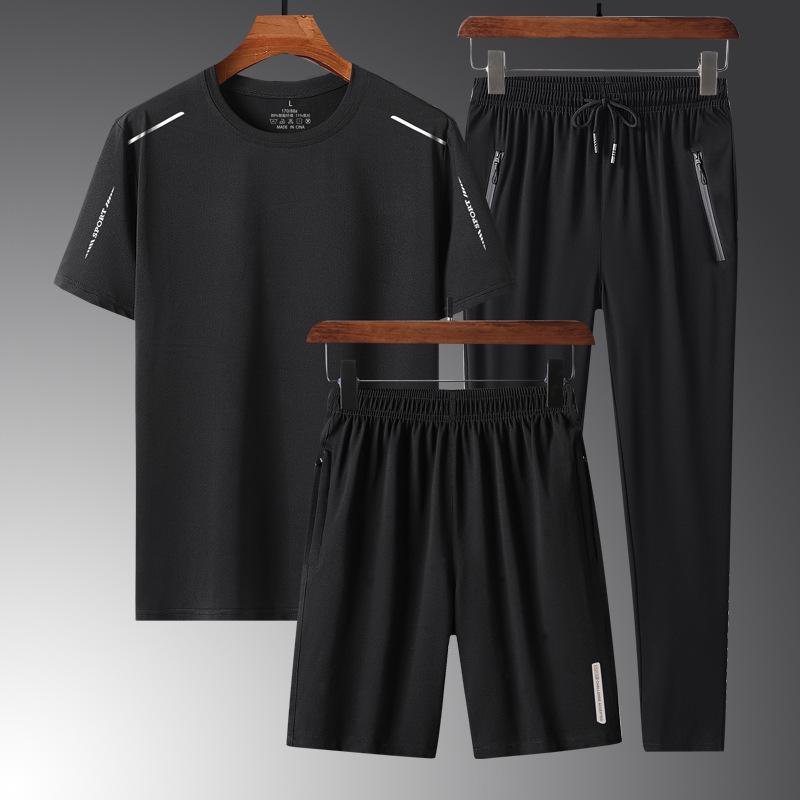 Summer Casual Men's Plus Size Ice Silk Three-Piece Set - Dad's Trendy Short Sleeve T-shirt