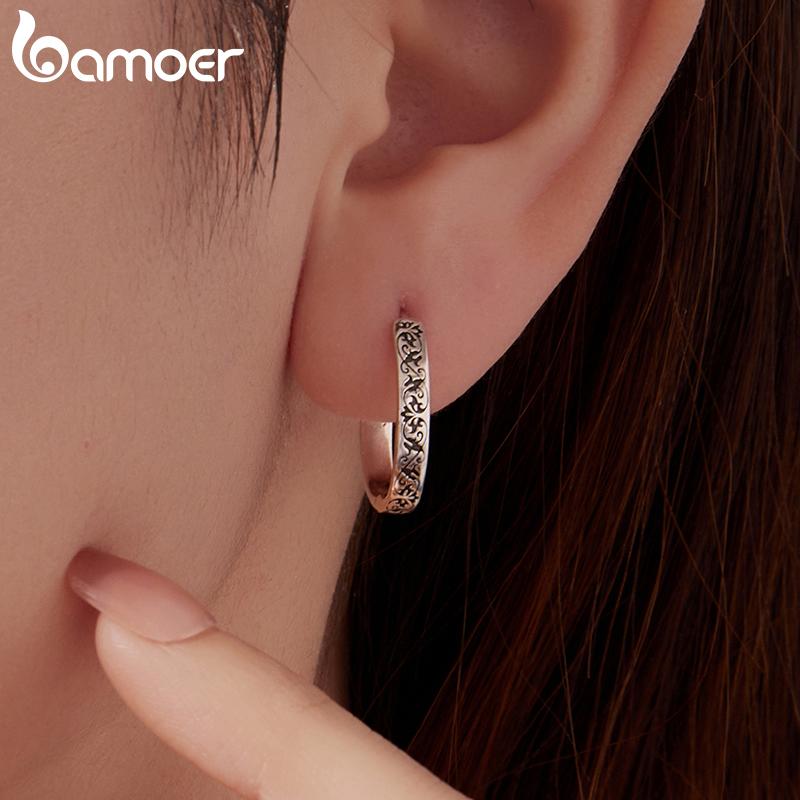 BAMOER 925 Sterling Zilver Vintage Patroon Grote Hoepel Oorbellen voor Vrouwen Gegraveerde Kraakbeen Oor Gespen voor Vrouwen Punk Cadeau