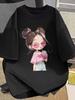 Cartoon Drinking Milktea Girl Print Women's Crew Neck Short Sleeve T Shirt Cute Cartoon Girl Print Sweet & Trendy Women Clothes