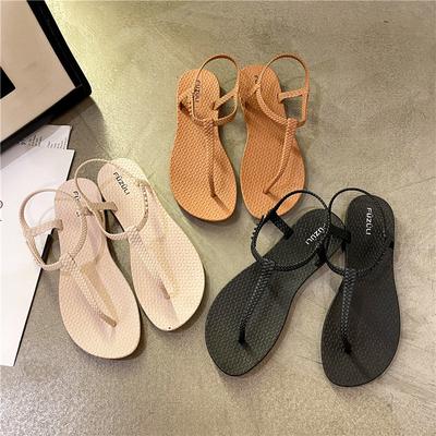 Sommer neue Sandalen Damen, Freizeitkleidung einfache flache Sandalen Damen gequetschte Füße Strand-Badesandalen