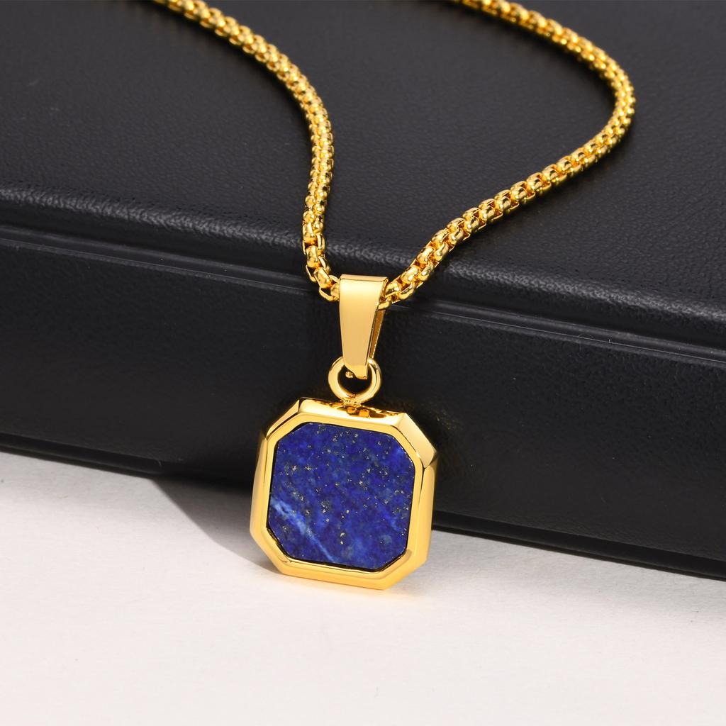 Kwadratowy Wisiorek Naszyjnik Dla Kobiet Mężczyzn, Stal Nierdzewna Geometryczny Lapis Lazuli Naszyjnik Biżuteria