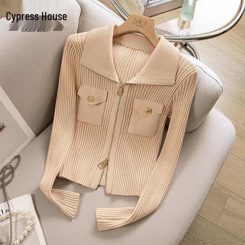 

Women s Sweet Style Slim-Fit Zipper Lapel Long Sleeve Knit Top L