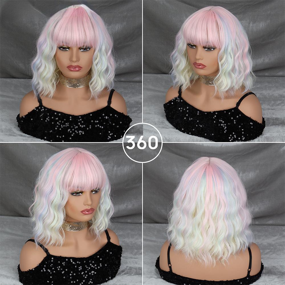MISSQUEEN Cabelo curto ondulado com franja, cor natural, festa de feriado diária, fibra sintética, feminino