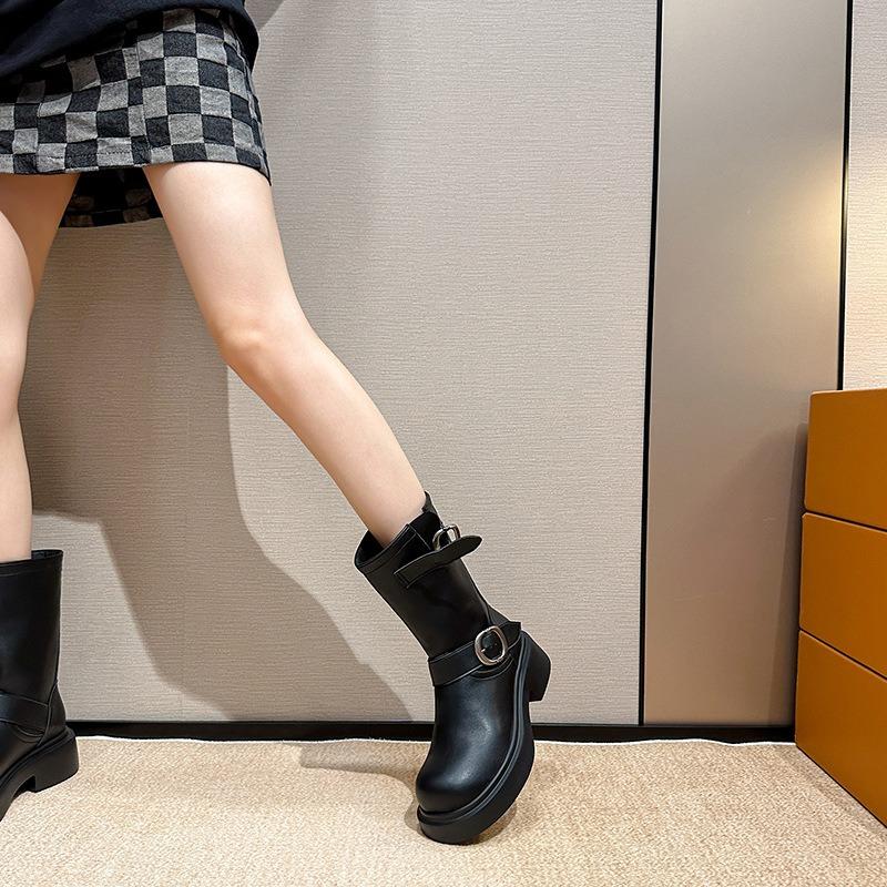 Thick-soled locomotive buckle belt short boots women's Martin boots stacking boots belt buckle