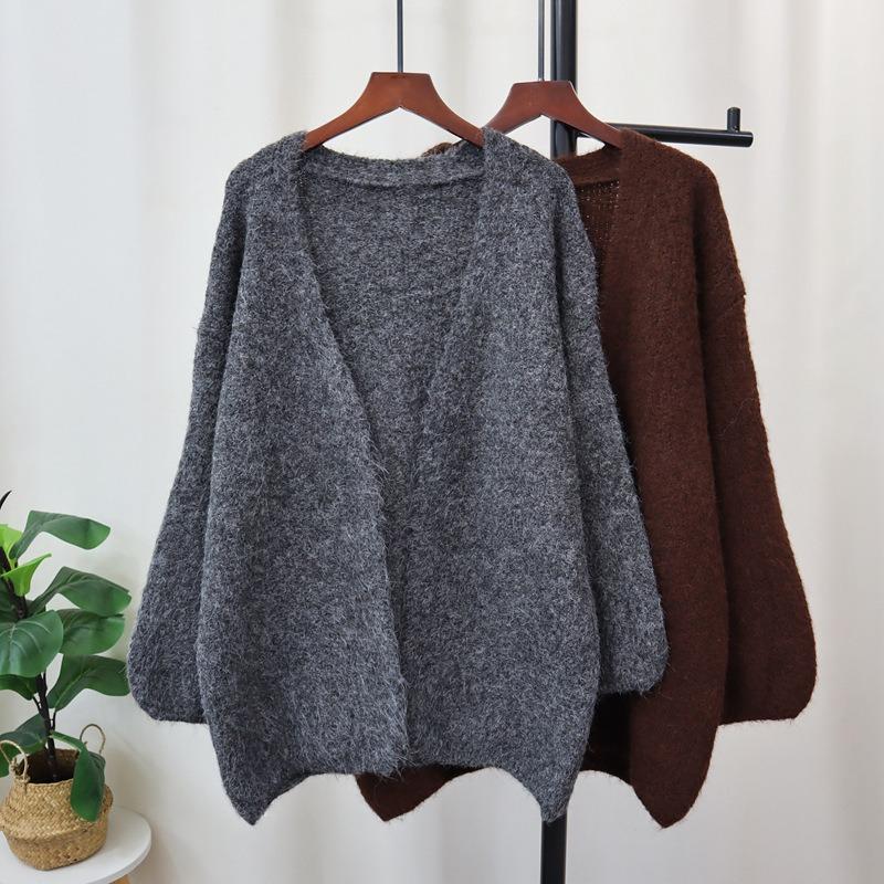 Autumn and Winter New Loose Soft Waxy Solid Color Lantern Sleeve Knitted Cardigan Lazy Wind Sweater Jacket Women