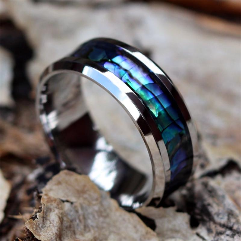 8mm Stainless Steel Men Rings Silver Color Brushed Inlaid Abalone Shell Men Wedding Band Jewelry Gift Drop Shipping