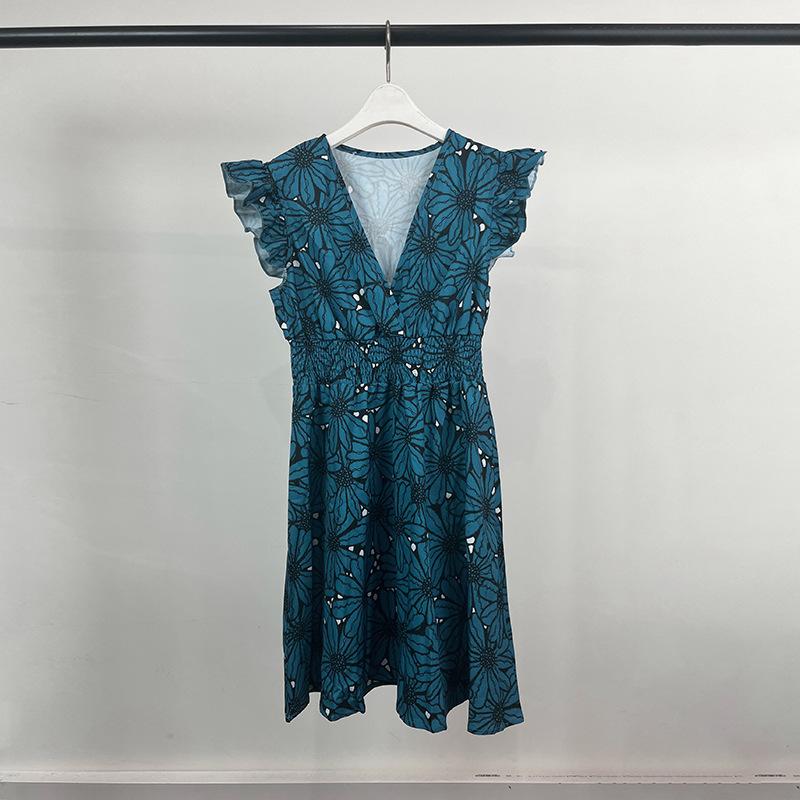 Spring new women s clothing, European and American dresses, elegant and fashionable sleeveless v-neck printed dresses S тёмно-синий