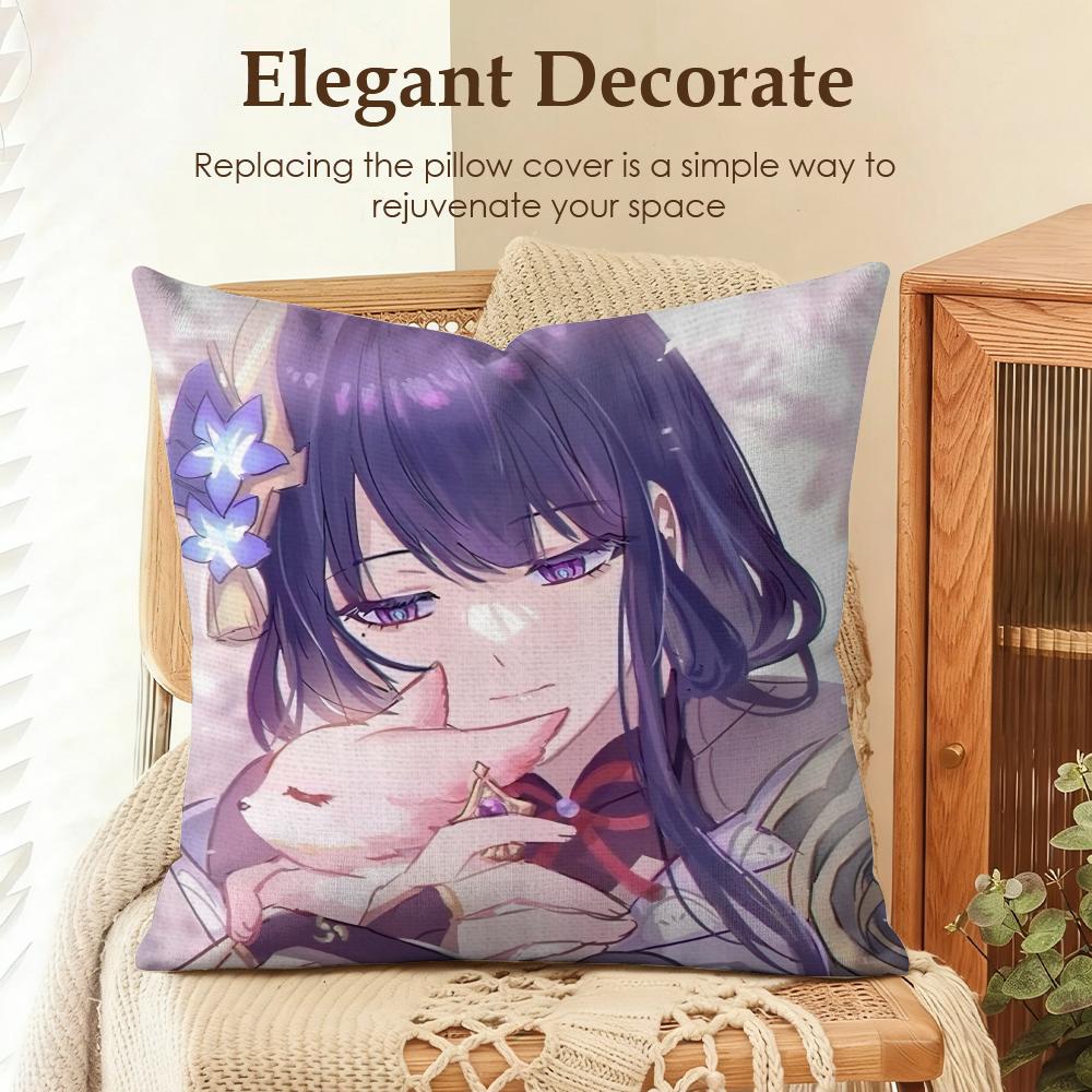 Raiden Shogun Genshin Impact Cushion Cover Natural Linen Organic Fabric DoubleSided Printing Sofa Home Decor Gift Pillow Case