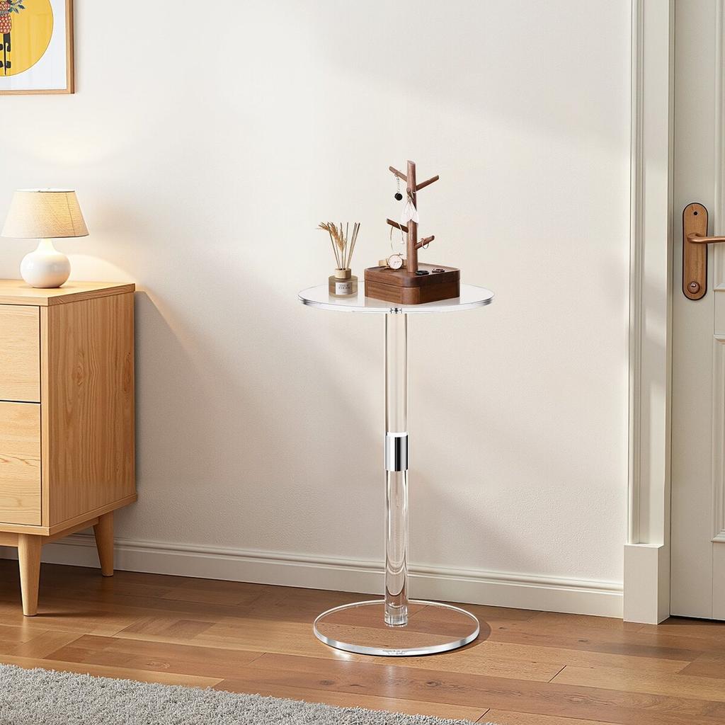 Acrylic Drink Table, Clear End Table Round Top with Solid Post, Modern Acrylic Cake Table Stand, Transparent Side Desk for Coffee, Drink, Food, Snack,