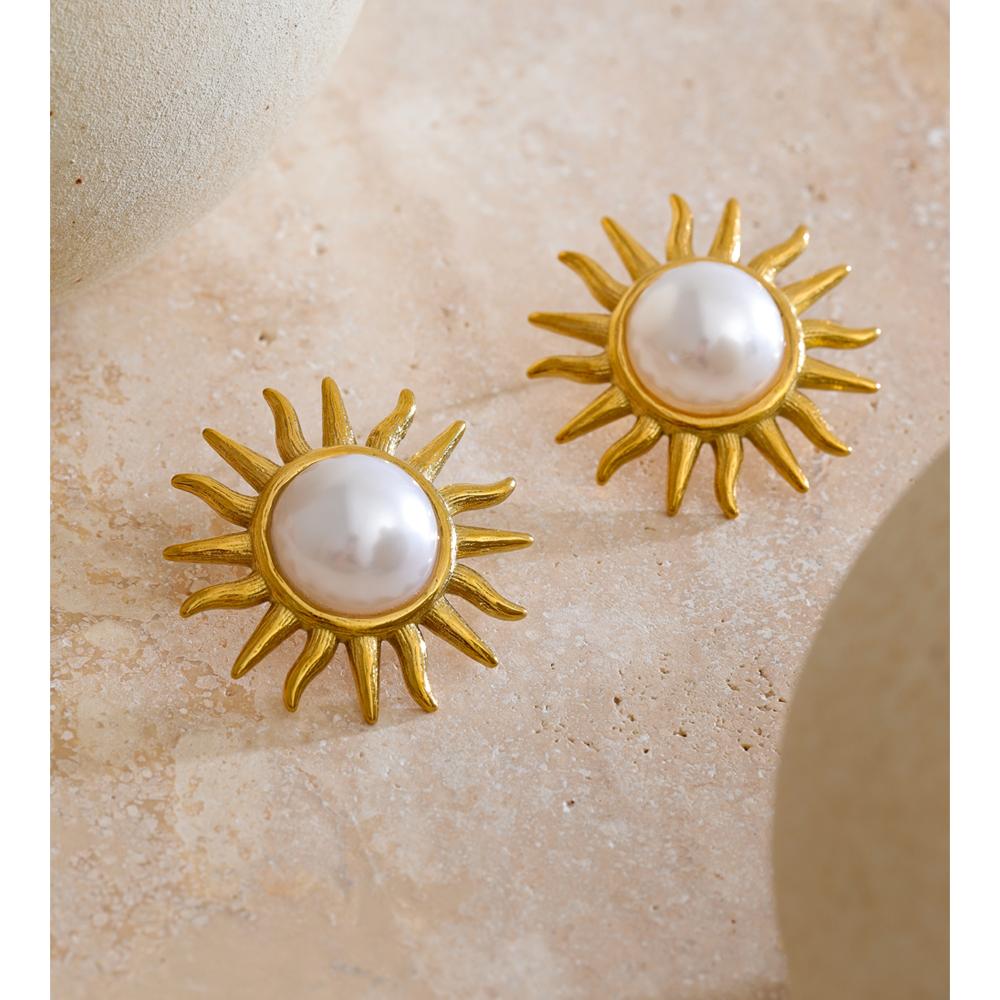Eetit Stainless Steel Simulated Pearls Sun Stud Earrings 18K Golden PVD Plated Trending Statement Jewelry Gift Prevent Allergy