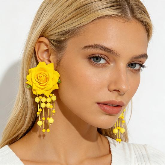 Women Boho Flower Earrings Lightweight Fabric Yellow Flower Ear Studs Holiday Earrings for Parties Beach Summer Vacation