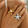 18K Gold Plated Stainless Steel Pearl & Leaf Open Ring for Women