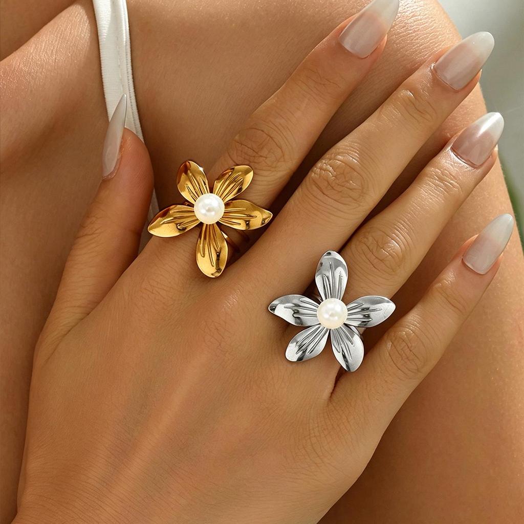 18K Gold Plated Stainless Steel Pearl & Leaf Open Ring for Women