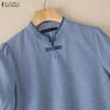 ZANZEA Women Casual Stand Collar Short Sleeve Grid Print Blouse