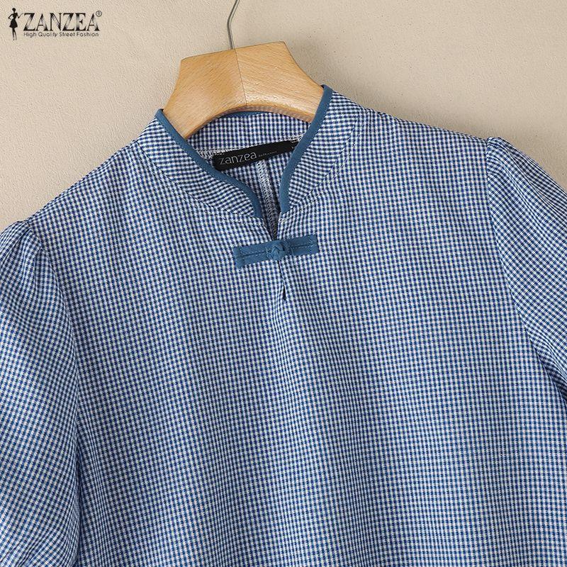 ZANZEA Women Casual Stand Collar Short Sleeve Grid Print Blouse
