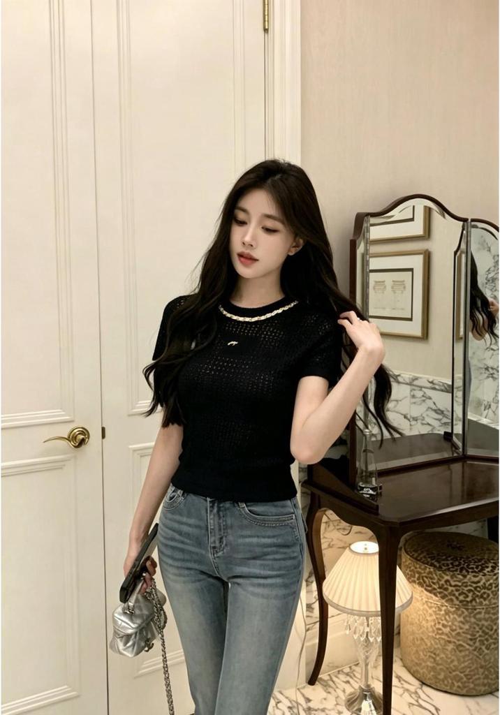 Fragrant Bow Jacquard Knit Hollow Short Sleeve Top