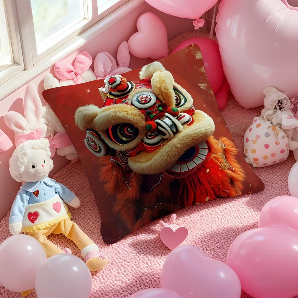 

Traditional Dancing Lion Anime Lucky Cushion Cover Pattern Printed Pillowcase for Living Room Sofa Cushion Cover & Bedroom Decor 12x12Inch