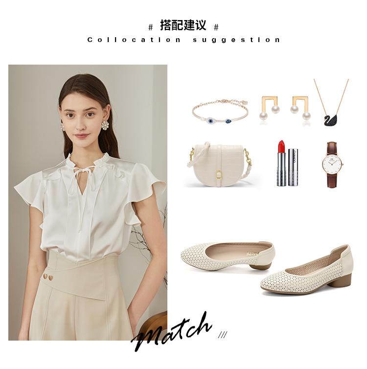 [Cowhide] Simple Chinese style single shoe with hollowed out thick heel, comfortable casual women's leather shoes, elegant wedding shoes
