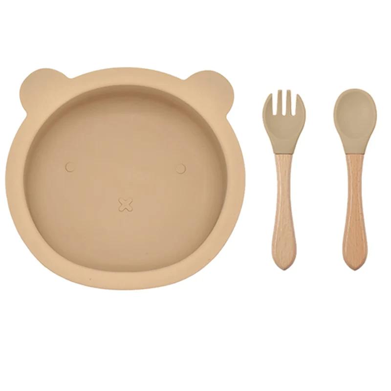 3Pcs/Set Baby Silicone Ventosa Tigela Colher Garfo Conjunto BPA Livre Cabo De Madeira Garfo Colher Alimentação Infantil Antiderrapante Conjunto De Talheres