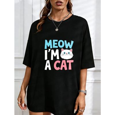 Schattig T-shirt met kattenprint Wit Miauw Ik ben een kat Grafisch ontwerp voor casual kleding en alledaagse outfits