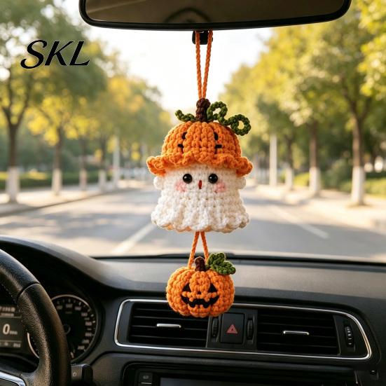 Crochet Ghost Hanging Decor Halloween Decoration, Handmade Ornament for Car Backpack Charms Rearview Mirror, Knit Yarn Pendant Holiday Hand Woven