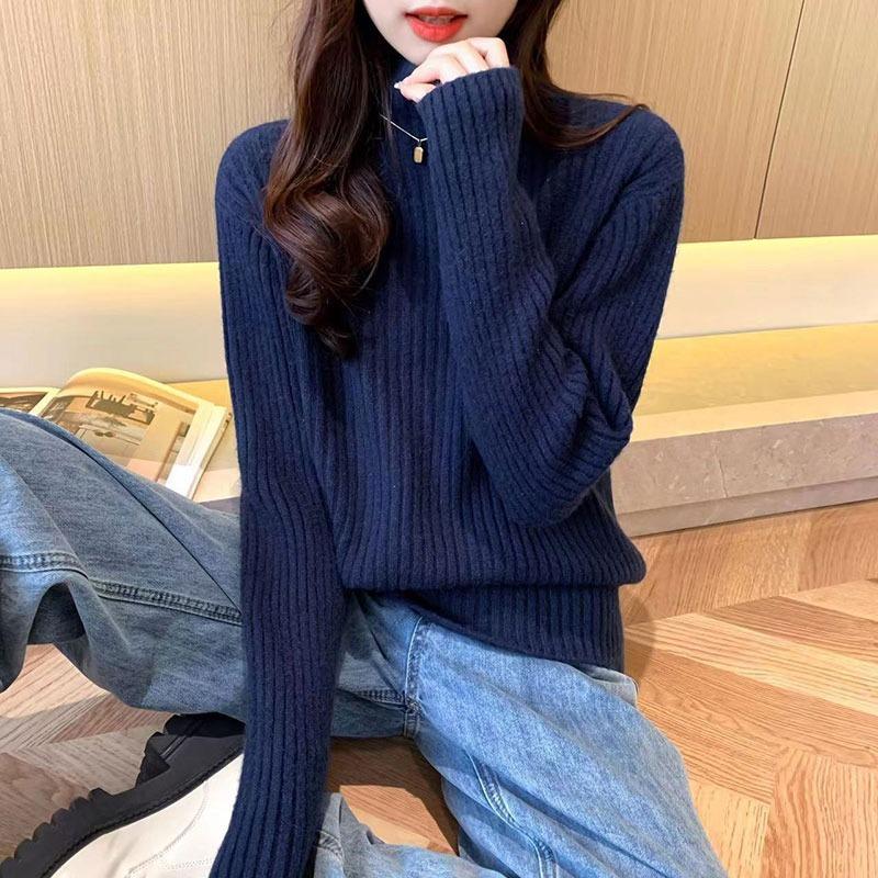 Autumn and Winter Foreign Style Versatile Pit Strip Design Knitted Sweater Solid Color Outer Wear Loose Semi-turtleneck Bottoming Sweater Women's