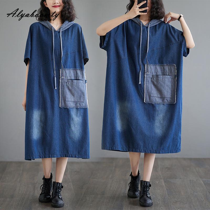 Rochie de denim supradimensionată pentru femei, în stil coreean, de vară, cu glugă, albastră, de dimensiuni mari, ocazională, midi, largi, rochie vintage largi cu mâneci scurte, cu buzunar
