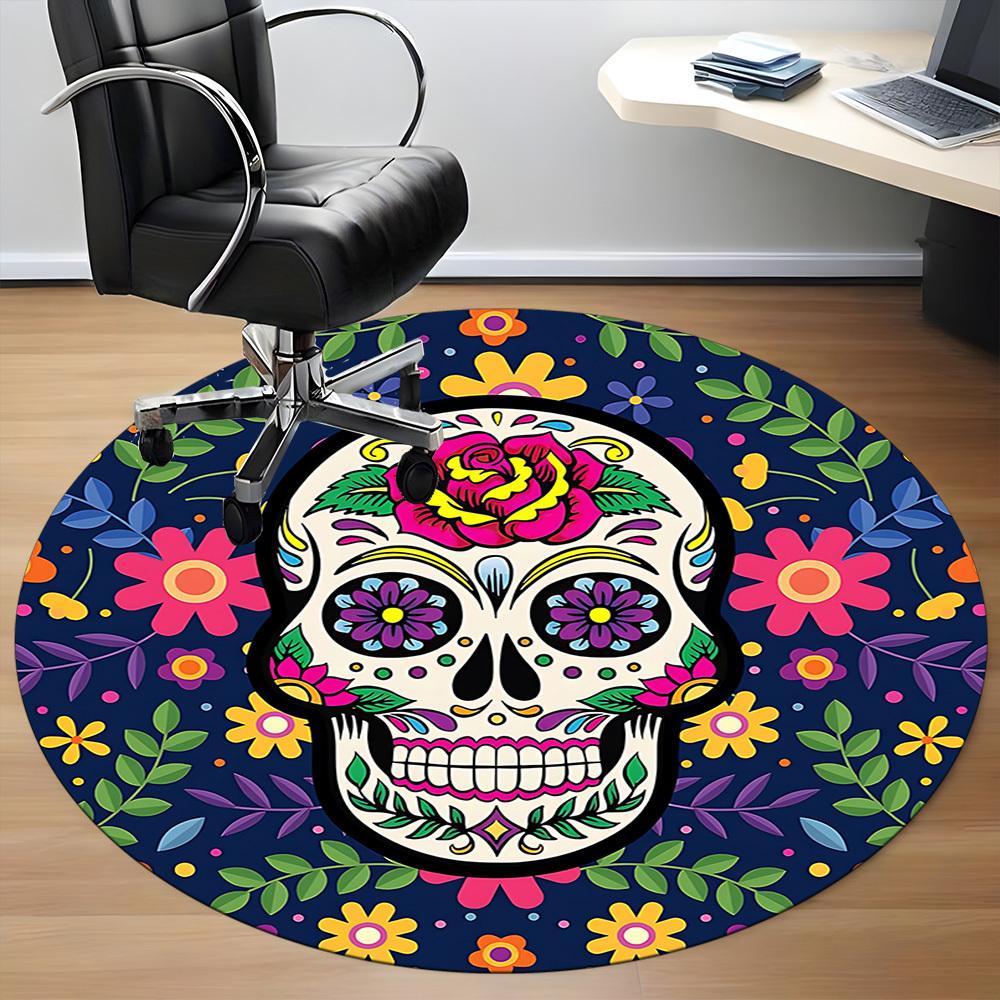 1pc Sugar Skull Decor Carpet, Round Non Slip Durable Large Size Office Carpet, Suitable for Office