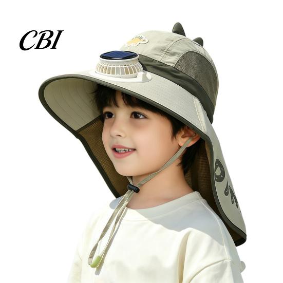 Dinosaur Fishing Hat for Kids Sun with Solar Fan, Wide Brim UV Protection Beach Babies Neck Flap, Summer Cap Boys Girls Camping