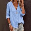 Women Summer Beige Cotton Linen V Neck Long Sleeve Casual Boho Blouse